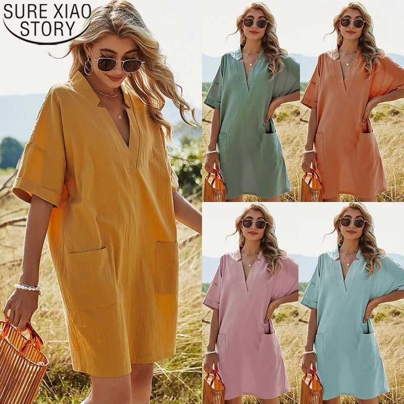 

Женское Хлопковое платье-трапеция с V-образным вырезом, коротким рукавом и карманами