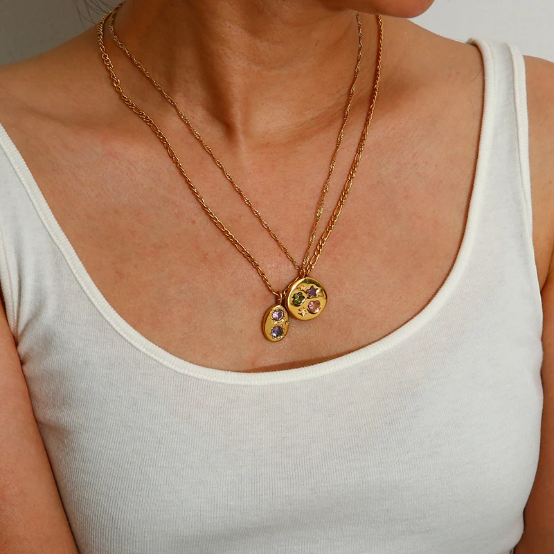 

Minimalist Multicolor Cubic Zirconia Geometric Pendant Necklaces For Women 18k Gold Plated Stainless Steel Waterproof Jewelry