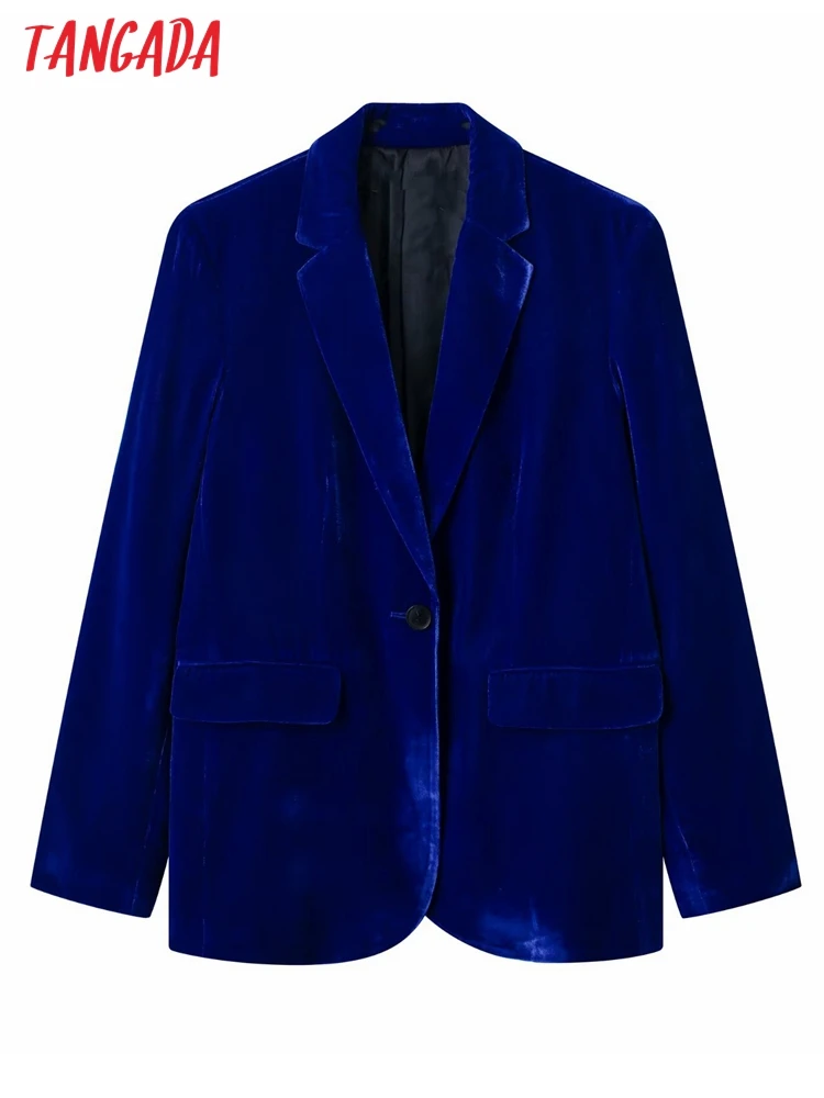 

Tangada Women Blue Velvet Elegant Blazer Coat Vintage Long Sleeve Pockets Female Suit JE72