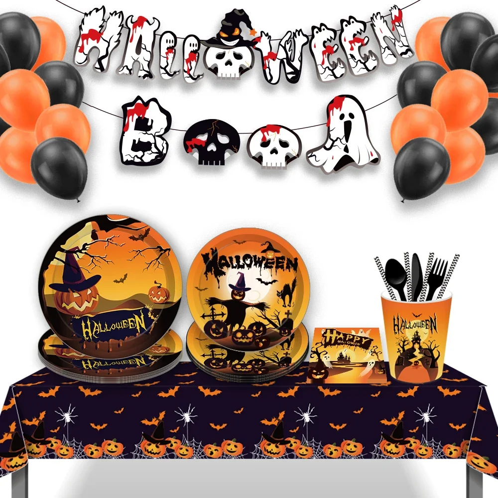 

Ghost Witch Pumpkin Halloween Party Disposable Tableware Sets Plates Tablecovers Happy Halloween BOO Party Decorating Supplies