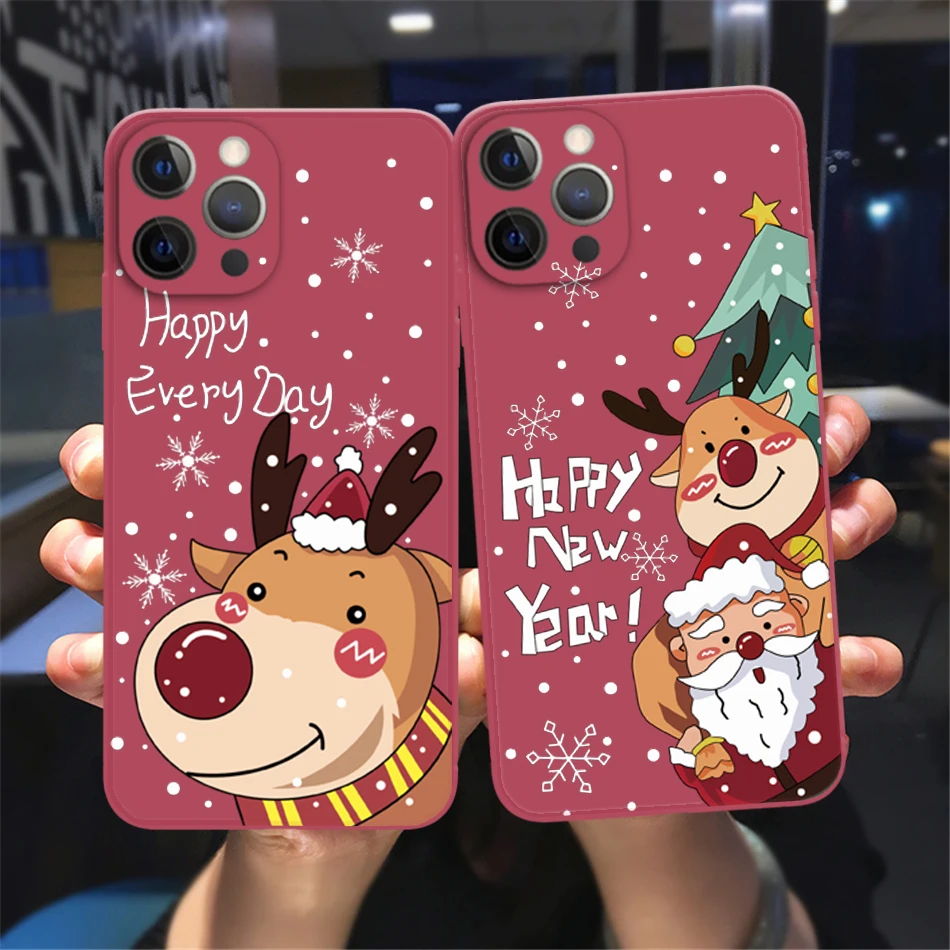 

Merry Christmas Cartoon Elk Santa Red Phone Cover For iPhone 11 12 13 14 Pro Max X XR XSMax 8 14 Plus Silicone Soft Bumper Cover