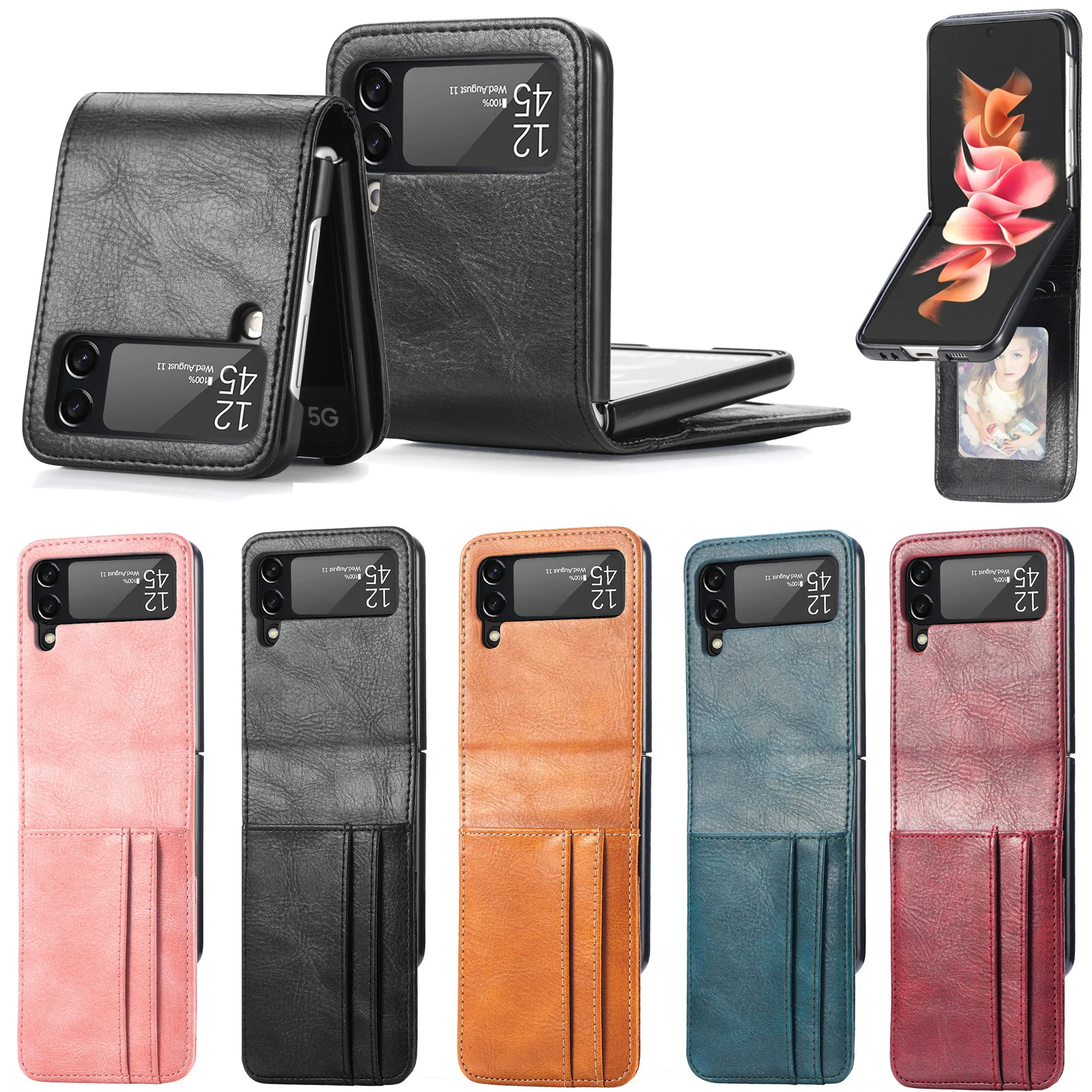 

10pcs PU Leather Inner PC Folding Wallet Phone Case for Samsung Galaxy Z Flip 4 5 5G Phone Back Cover