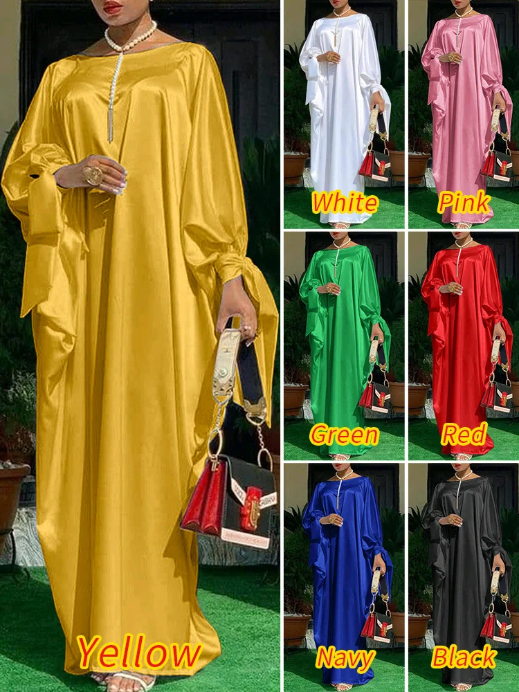 Elegant Kaftan Dress Women Party Dresses 2022 VONDA Long Sleeve Satin Bohemian Holiday Summer Sundress Casual Solid Vestido Robe