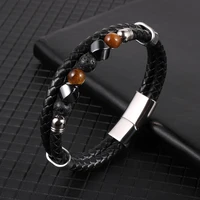 hematite lava rock double wrap leather mens bracelet natural stone jewellery stainless steel bangles for women free shipping