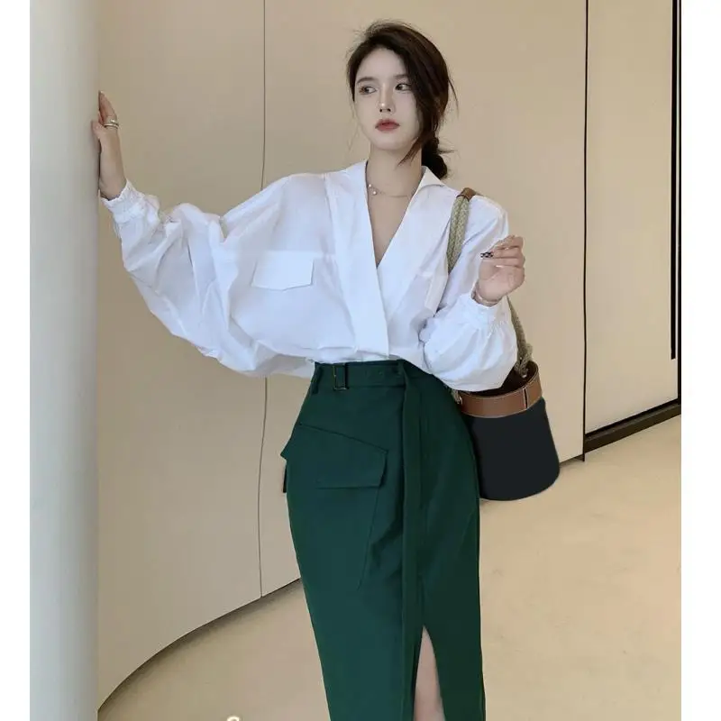 

2022 Summer New Light Luxury Fashion Simple Style White Shirt Women Long-sleeved Sexy Top Loose Shirt Suit Boutique Clothing