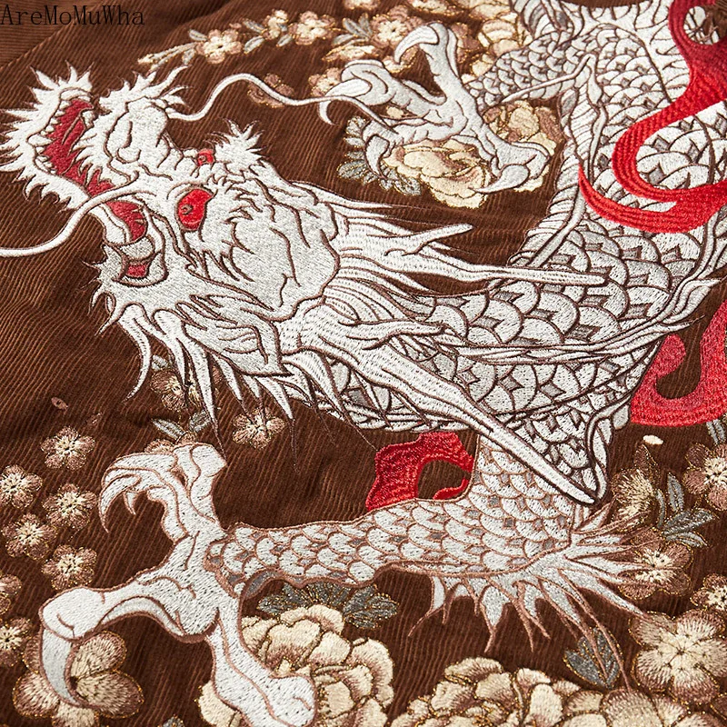 New Heavy Industry Dragon Embroidery Men's Corduroy Cotton Shirt Cotton Suit Hengshu He Coat Vintage Cotton Jacket Stand Collar