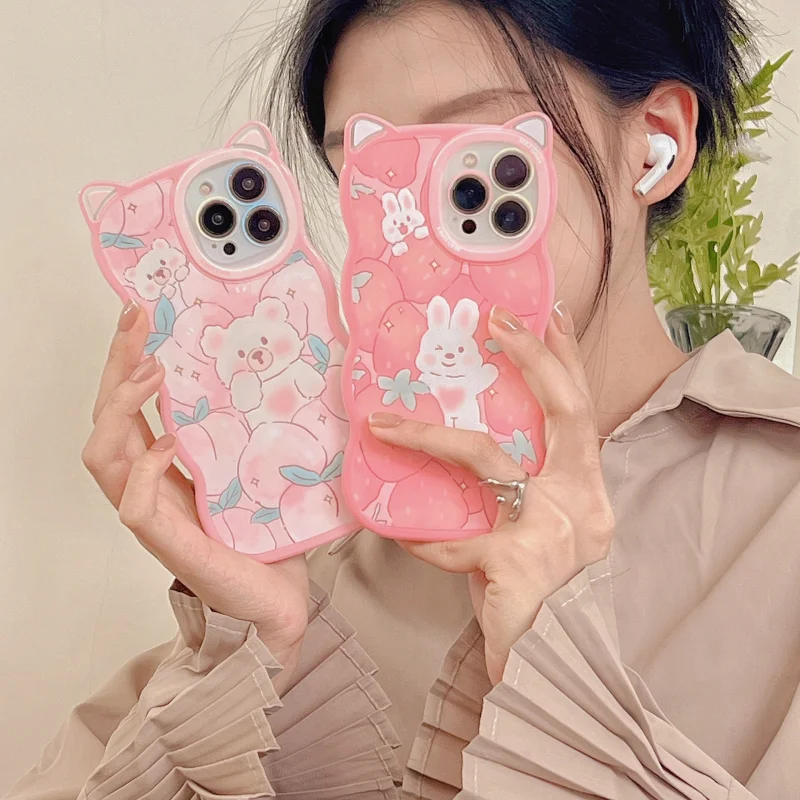 

Cute Cat Ear Phone Case For iPhone 11 12 13 PRO MAX X XR XS 7P 8P Cartoon Bear Rabbit Strawberry Peach Wavy Border Back Cover
