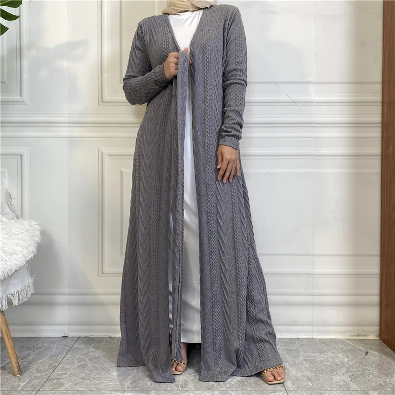 Autumn Winter Knitted Sweater Coat Muslim Women Warm Long Cardigan with Pockets Elegant Lace Up Robe Islam Eid Dubai Open Abaya