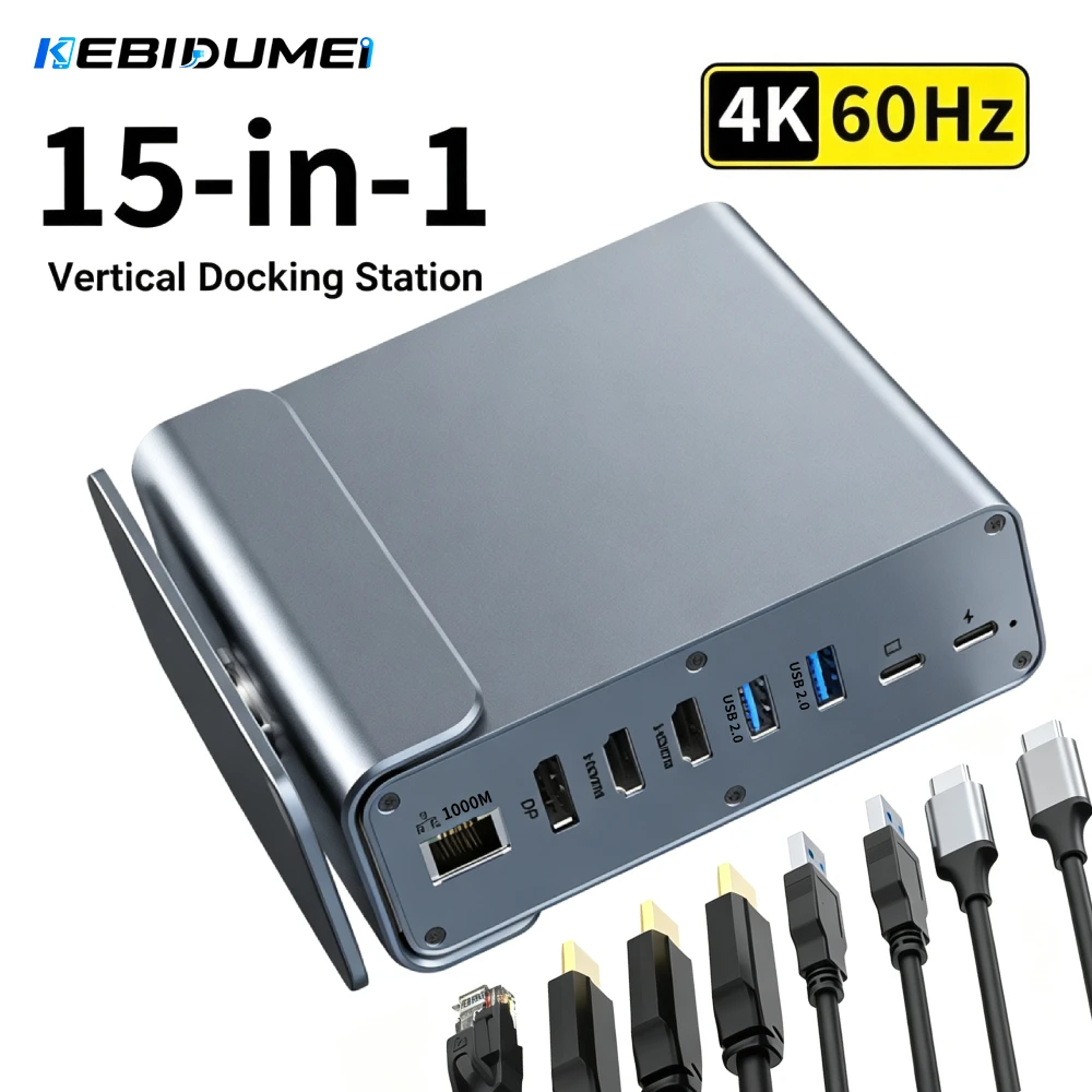 Фото Многофункциональная док-станция KEBIDUMEI 15-в-1 с USB-C, HDMI/DP 4K@60Hz, зарядкой PD 100W, USB 3.0, Ethernet RJ45, SD/TF и аудиоадаптером 3.5 мм №1