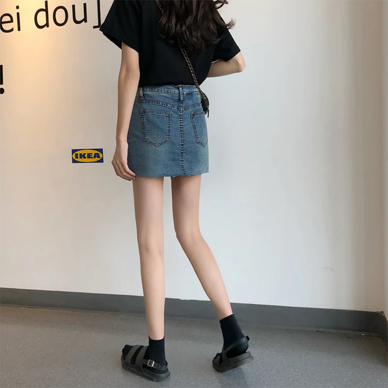 Loose Denim Short Skirt Women's Summer Blue Elastic Anti aliasing Skirt Pants Korean High Waist Washed Old Wrap Hip Notch
