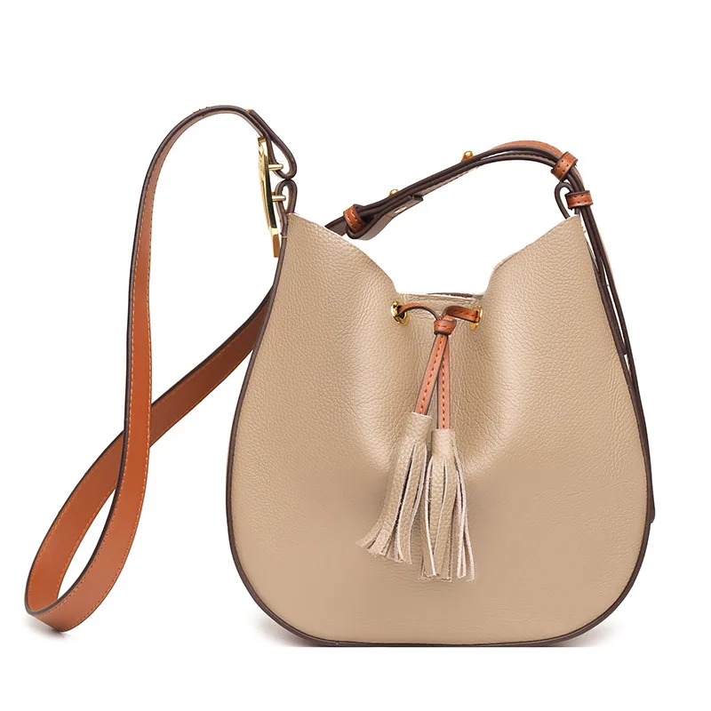 

100% Brand Genuine Leather Women's Handbag Designer's New Fashion Contrast Color Shoulder Bag Soft Leather Bucket Bag