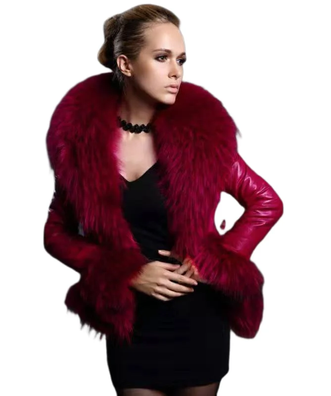 

Женское пальто из искусственной овчины, черное, красное пальто с воротником из искусственного меха, модная куртка из искусственной овчины н...