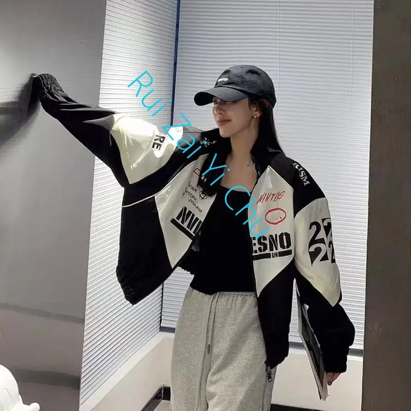 

Trend Letter Contrast Jacket Baseball Uniform Ladie Coat Y2K High Street Casual Loose Thin Coat Top American New Motorcycle Suit