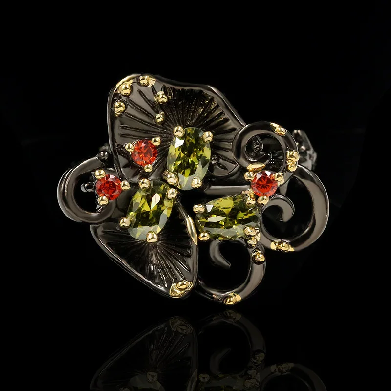 

Unique Exaggerated Geometric Ring Black Gold Two-tone Embossed Orchid Zircon Ring Elegant Women's Black Gold Jewelry Party Ring
