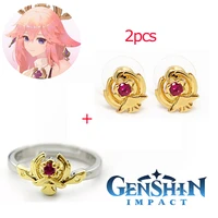2pcs game genshin impact ring set zhongli yae miko albedo figure jewelry set for man women fans couple party gift