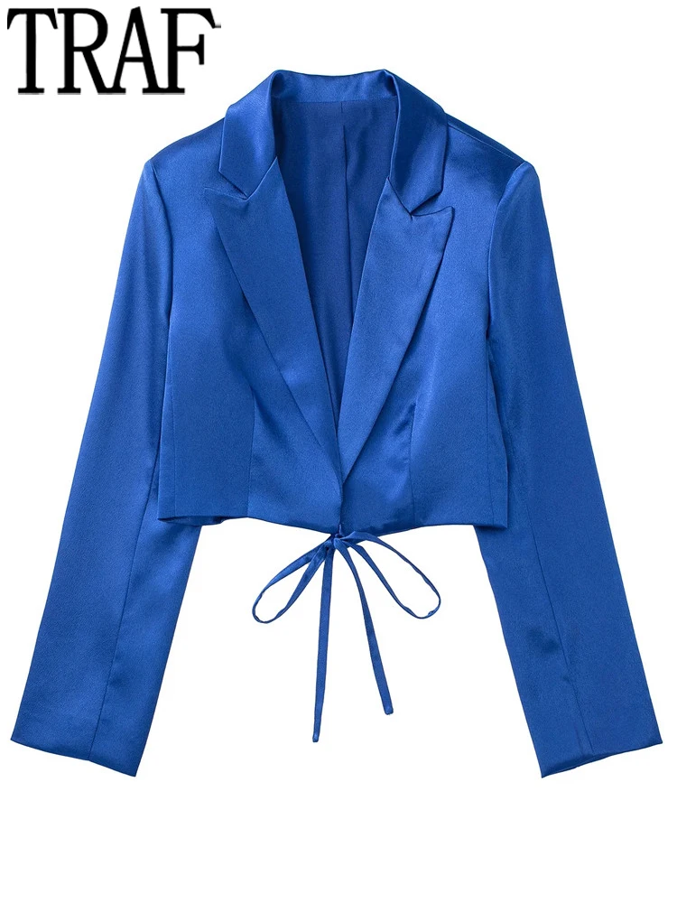 

TRAF Blue Cropped Blazer Women Tied Satin Jacket Woman 2022 Office Casual Elegant Female Blazer Set Long Sleeve Women's Jacket