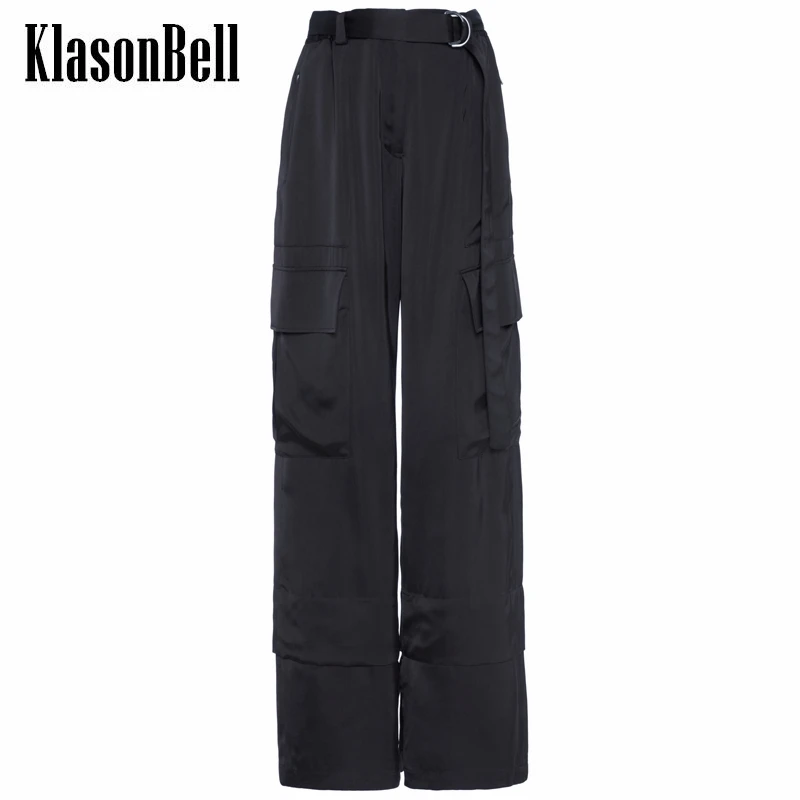 6.26 KlasonBell Temperament Black With Belt Acetate Cargo Pants Women