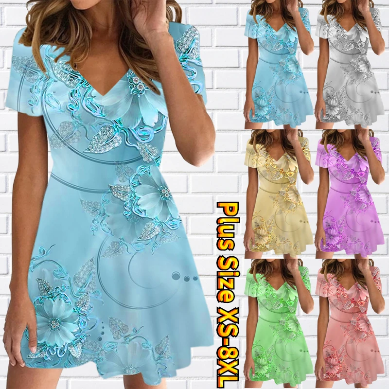 

Женское Короткое мини-платье с коротким рукавом, ТРАПЕЦИЕВИДНОЕ короткое платье большого размера с V-образным вырезом и принтом на лето