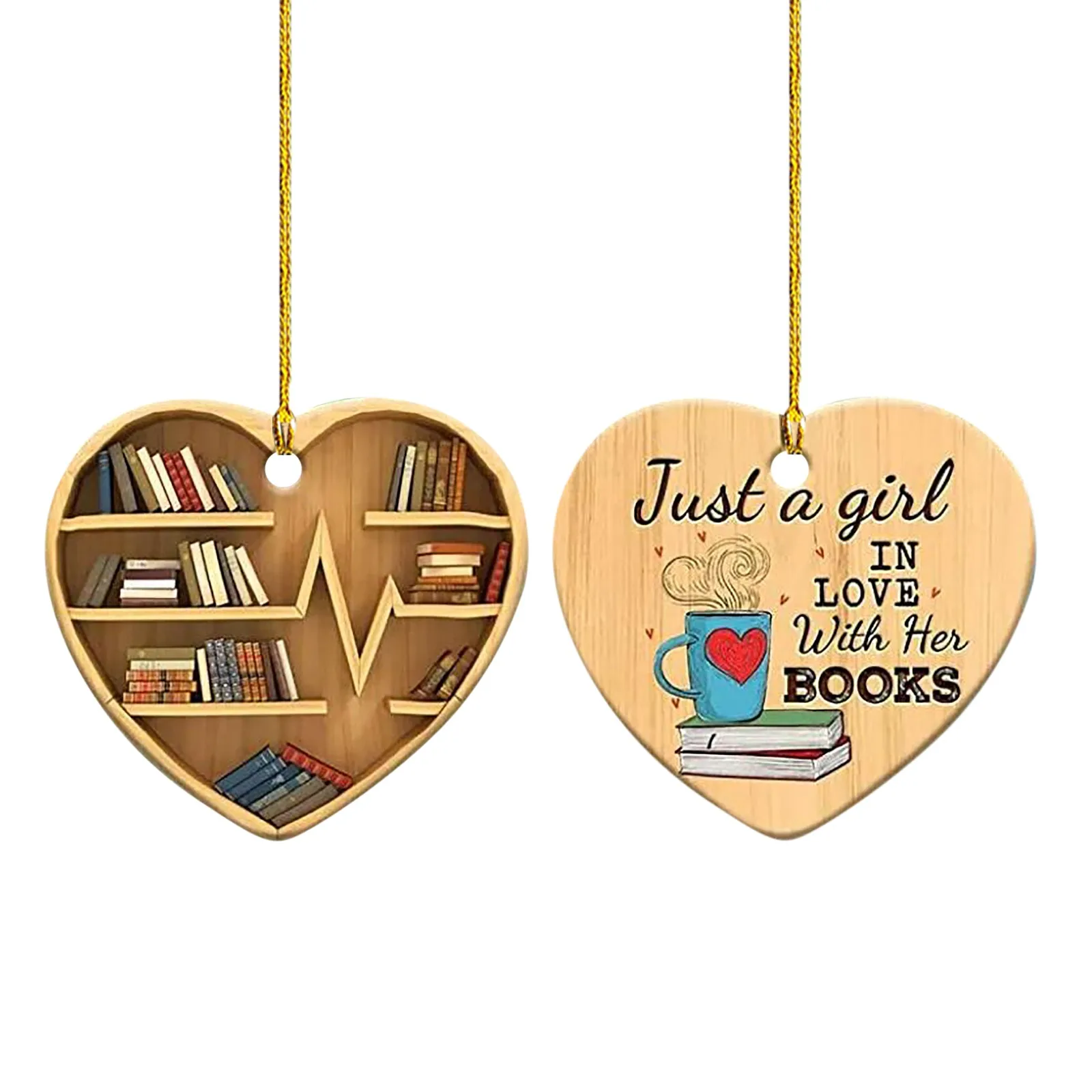 

Love Theme Book Lovers Heart Shaped Bookshelf Pendant Wood Ornament Hanging Decoration For Home Car Mirror Party Girls Gift Mini