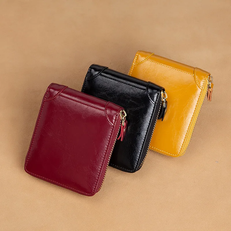 Vintage Genuine Leather Women's Short Wallet Multi-Functional Female Zipper Coin Purse RFID Card Holder For Ladies