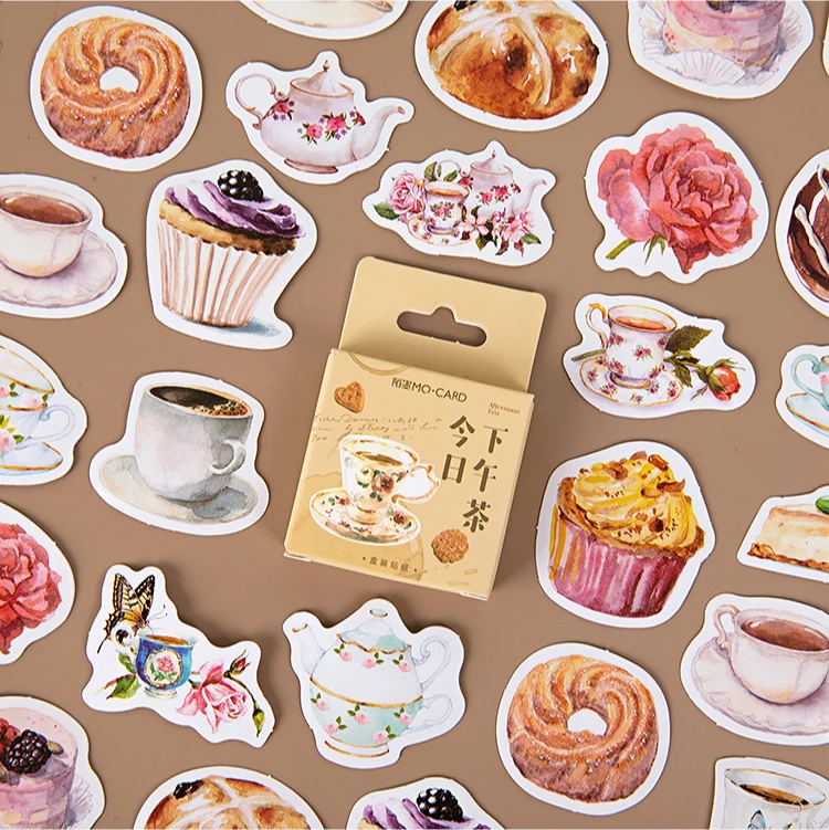 

46PCS Afternoon Tea Paper Sticky Stickers Aesthetic Decoractive Phone Scrapbook Accessories Child Stationery Supply for Kids