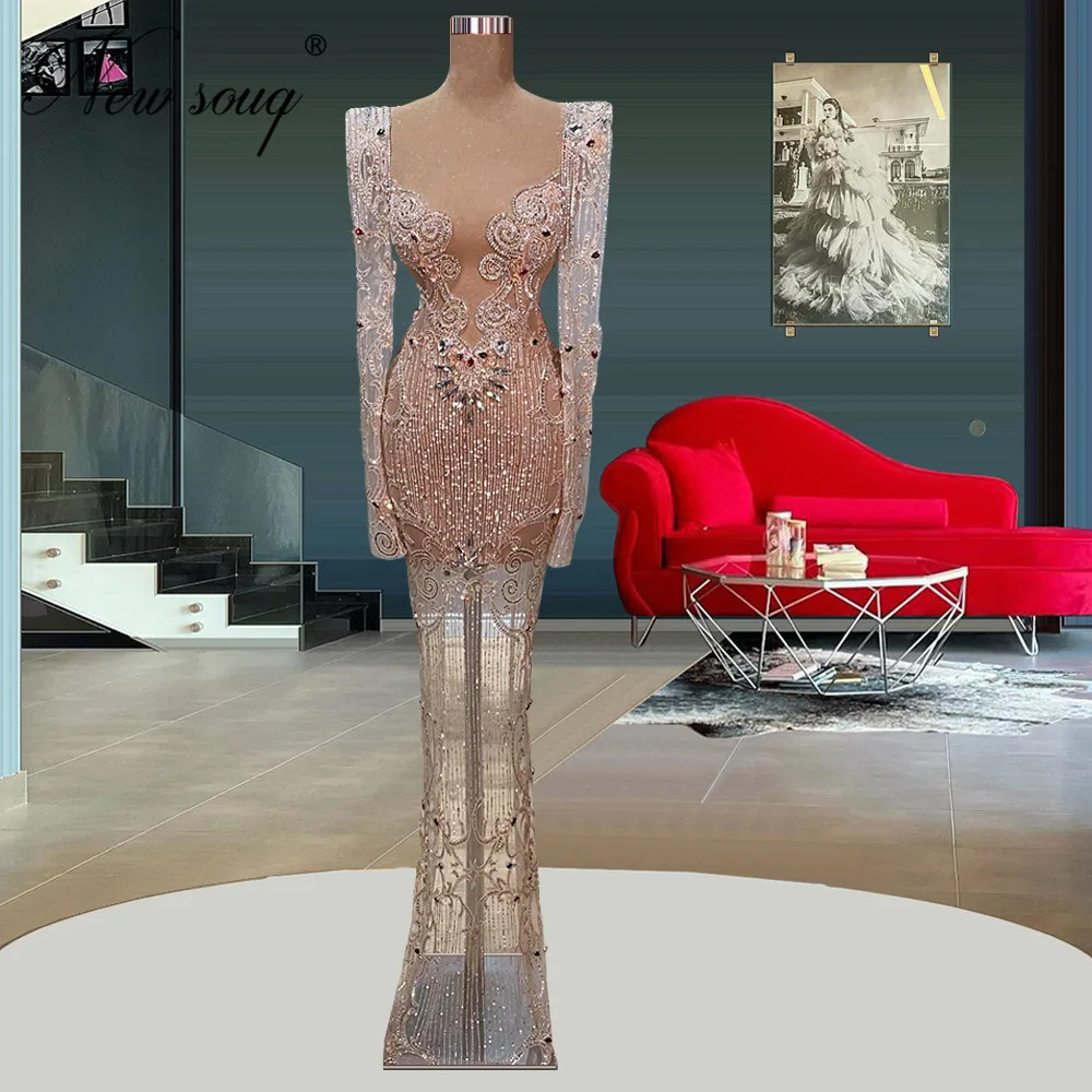 

Haute Couture 2022 Modern Beaded Evening Dresses Vestidos De Fiesta Women Prom Dress Long Sleeves Party Gowns Crystals Arabic