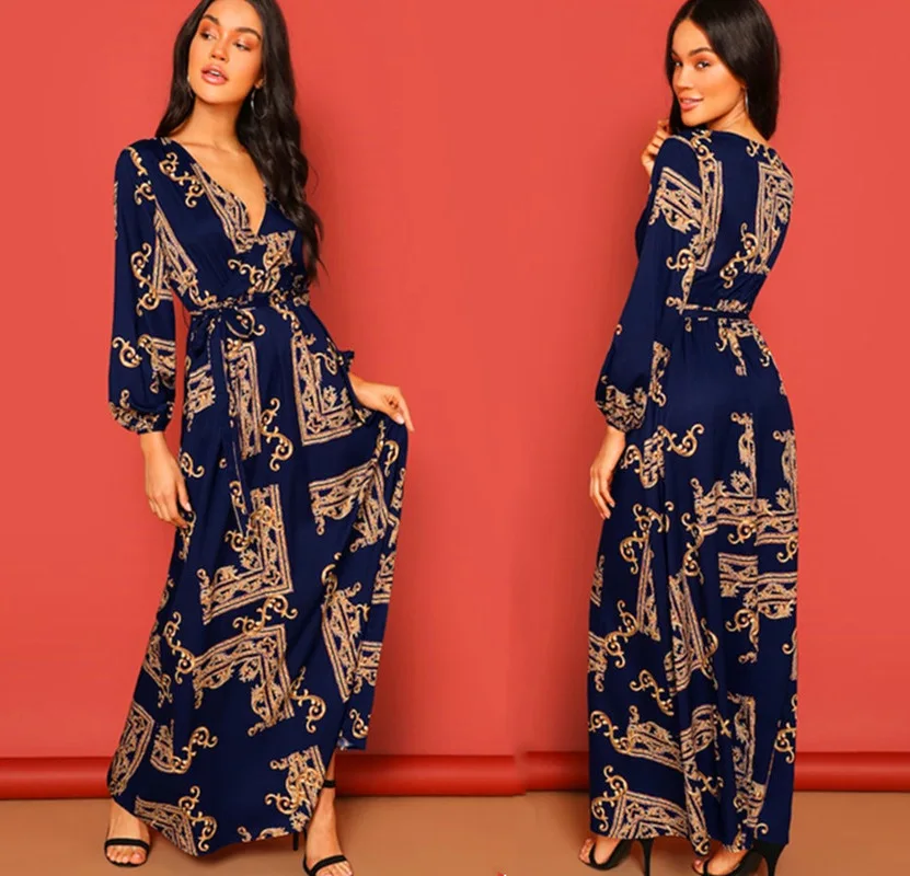 

French Cross-Border Autumn and Winter Dress AliExpress Amazon European and American Printed Dress Retro Evening Dress