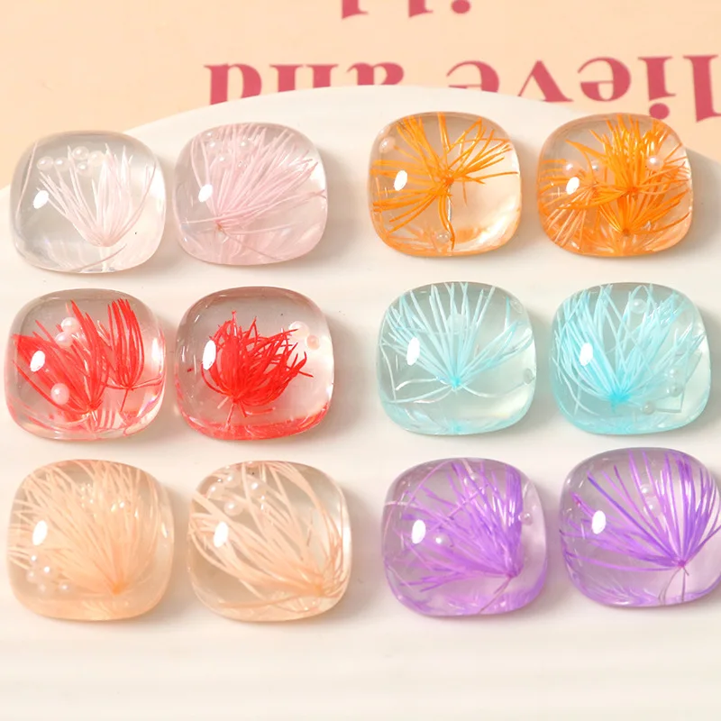 

New 20mm Geometry Square Colorful Dry Flower Decorated Resin Flatback Cabochons Ornament Accessory Beading Material Cameo 60pcs