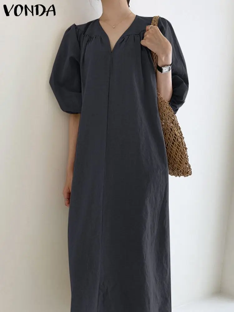 

VONDA Elegant Party Maxi Dress 2022 Summer Women Vintage Casual Solid Lantern Sleeve Sundress Sexy V Neck Long Vestidos Robe