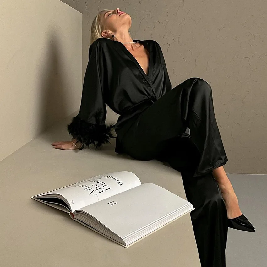 Женский пижамный комплект осенняя модная ночная рубашка кардиган со шнуровкой