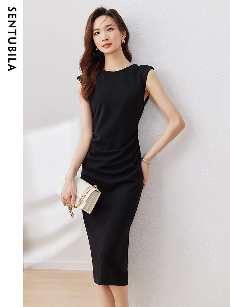 

Sentubila Women's Bodycon Backless Split Black Dresses 2023 Summer Elegant O Neck Knitting Slim Ruched Midi Female Party Dress