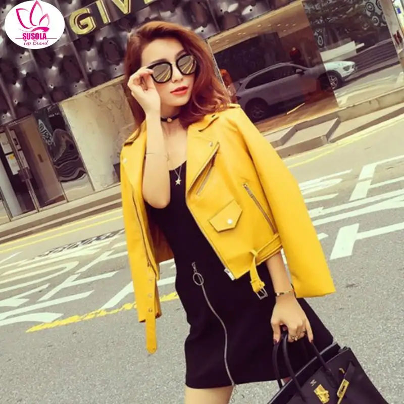 Осенне-зимняя уличная женская короткая стираная куртка из искусственной кожи на