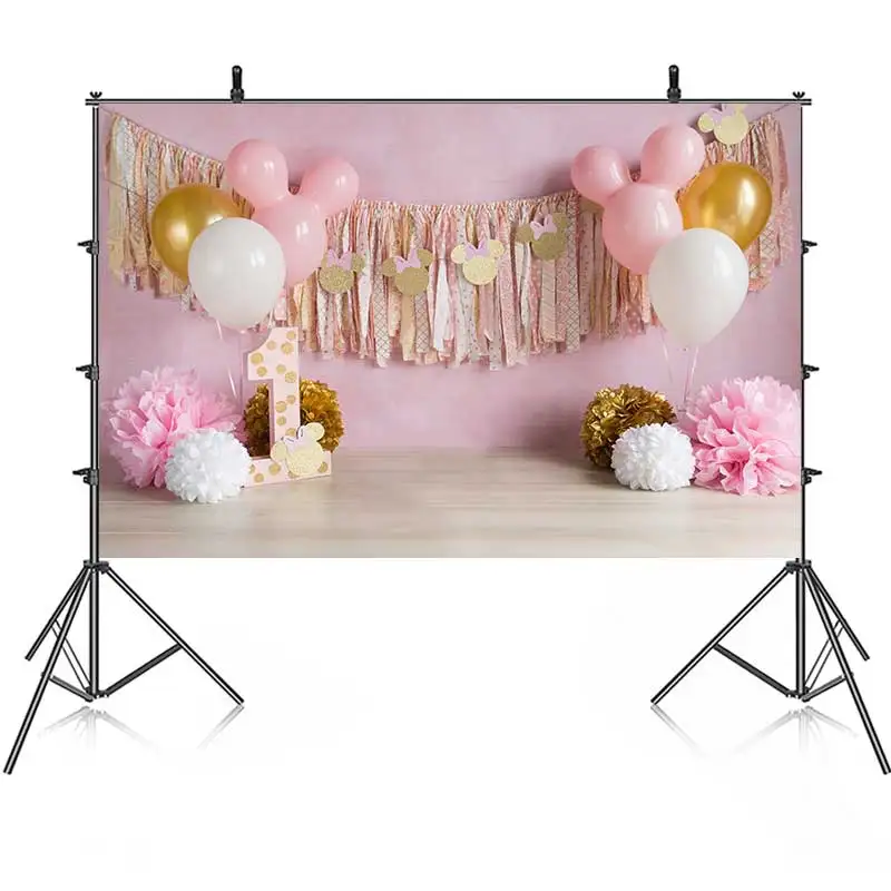3D Pink One Year Old Girls Children Birthday Backdrop For Photography Baby Shower Kids Birthday Background Birthday Party Decor