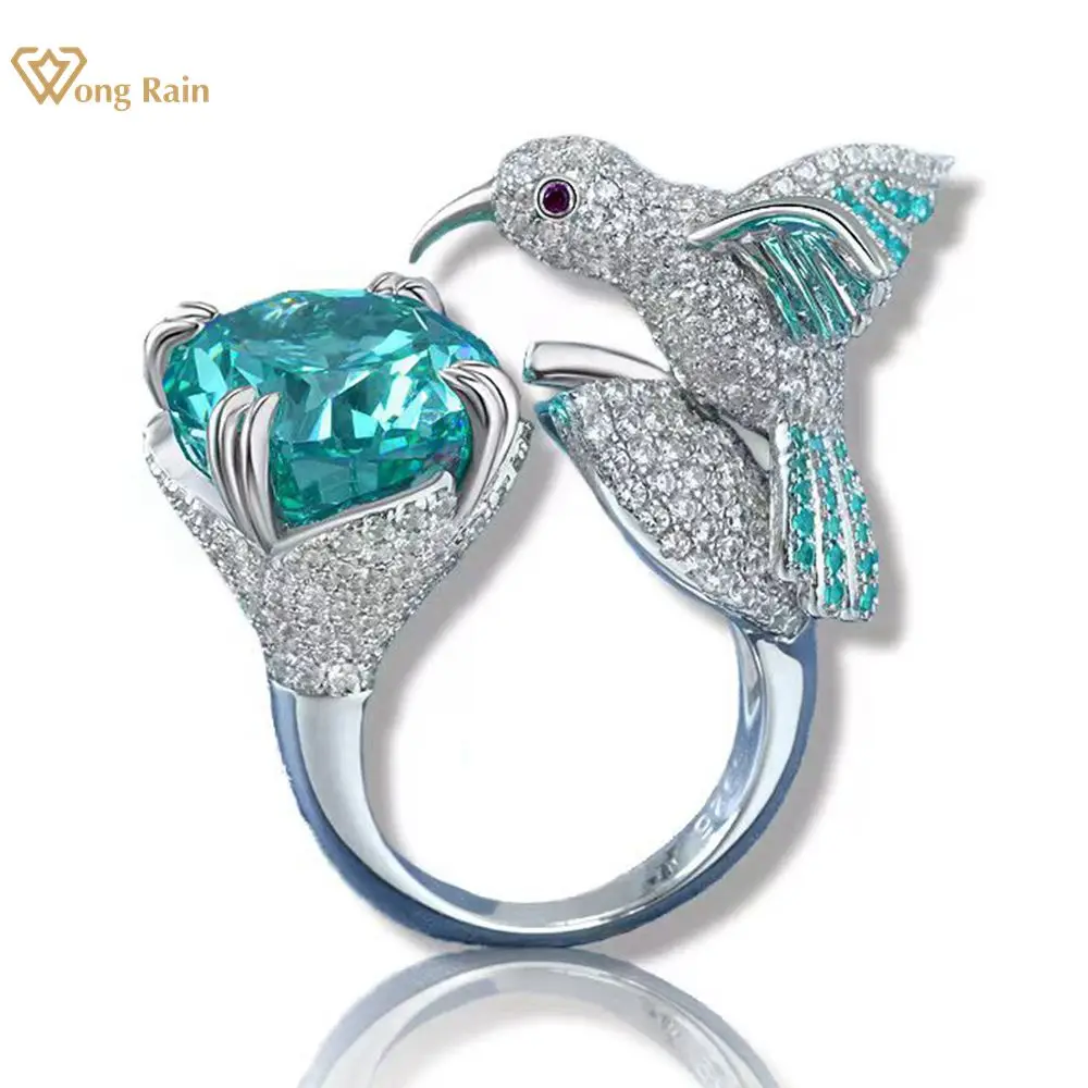 

Wong Rain 925 Sterling Silver Crushed Ice Cut 6 CT Hummingbird Paraiba Tourmaline High Carbon Diamond Gemstone Ring Fine Jewelry