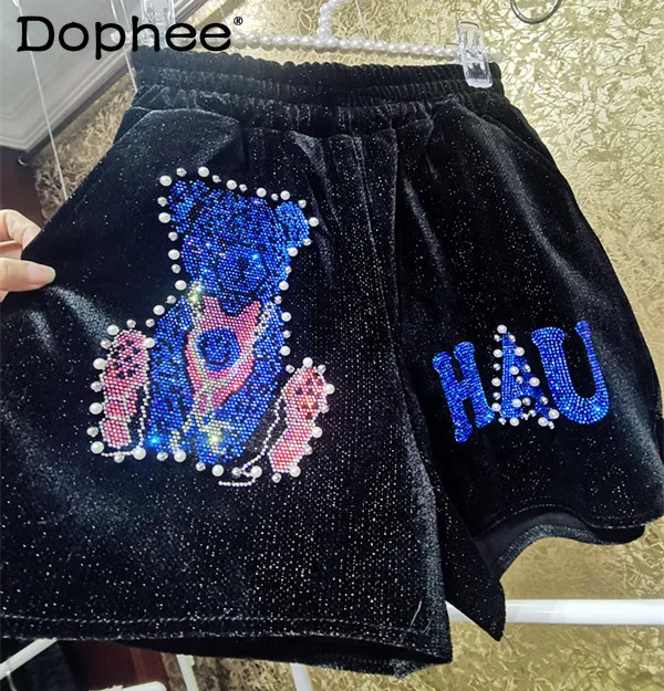 

High-End Heavy Industry Shiny Bear Beaded Rhinestone Letter Velvet Shorts Women Thick Plush Black Shorts Boot Pants High Street