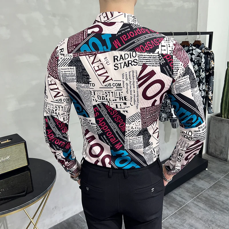 2022 Autumn Long Sleeve Shirts Men Fashin Letter Print Slim Shirt Casual Business Formal Dress Shirts Social Party Men Clothing