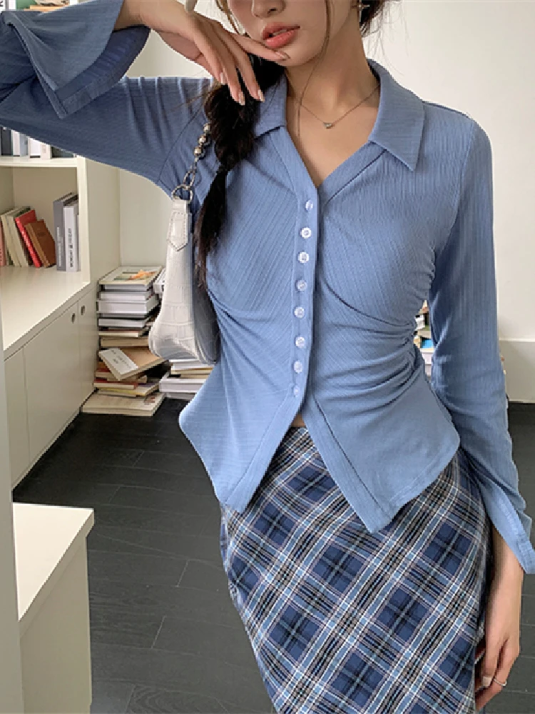 

Autumn Long Sleeve Blue Shirts Women Korean Chic Single Breasted Folds Slim Lapel Flare Sleeve Tops Female Casual Blouses