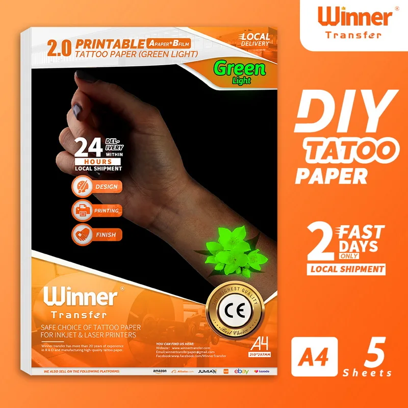 WinnerTransfer Printable Temporary Tattoos Luminous Green Transfer Tattoo Paper Skin Tattoo Print Paper  for Inkjet or Laser
