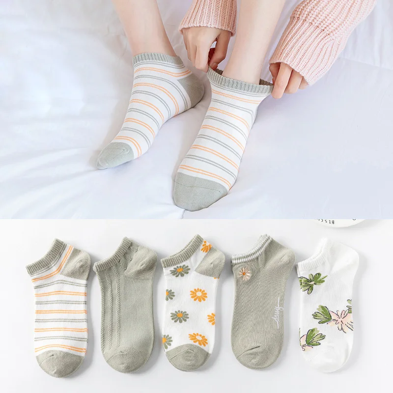 5 Pairs/sets of Comfortable Harajuku Cartoon Animal Women's Socks Cotton Soft Ankle Boat Socks Women's Low Rise Invisible Socks
