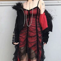 dark gothic punk sexy dress girl summer gauze wrinkled irregular suspender sleeveless long spaghetti strap evening party dress