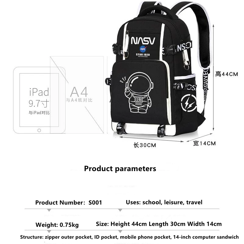 MRLD Kids Schoolbag High Capacity Waterproof  Backpack School Bags For Teenage Boys Student Astronaut Luminous Book Bag