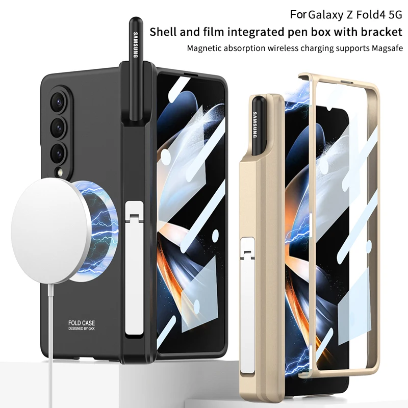 

For Samsung Galaxy Z Fold 4 Case GKK Magnetic Absorption Wireless Charing Kickstand Cover With Glass + S Pen Holder For Z Fold4