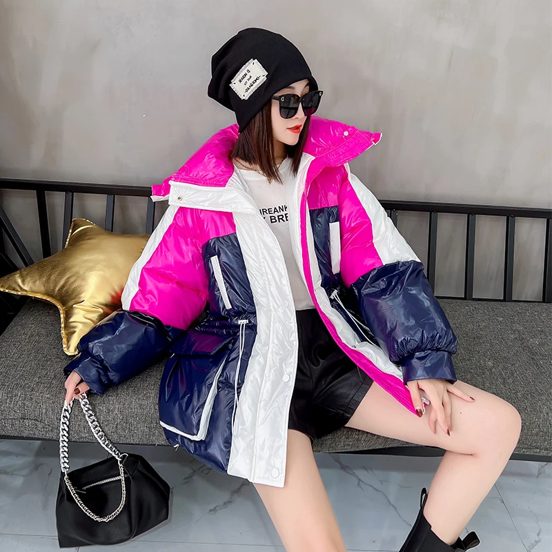 New Winter Women Short Down Cotton Coat Thick Warm Korean Fashion Hit Color Shiny Hooded Padded Jacket Parkas Famale Clothing