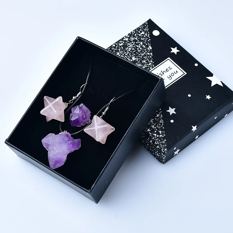 

1Set Natural Brazil Amethyst Crystal Pendant Necklaces With Fashion Ring Merkaba Star Earrings Chain Lovers Jewelry Gem Set Gift