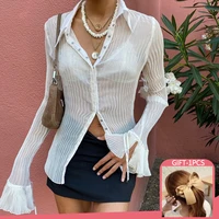vintage white folds cute y2k v neck slim shirts women elegant fashion flared sleeve button tops see through sexy mesh girl tees