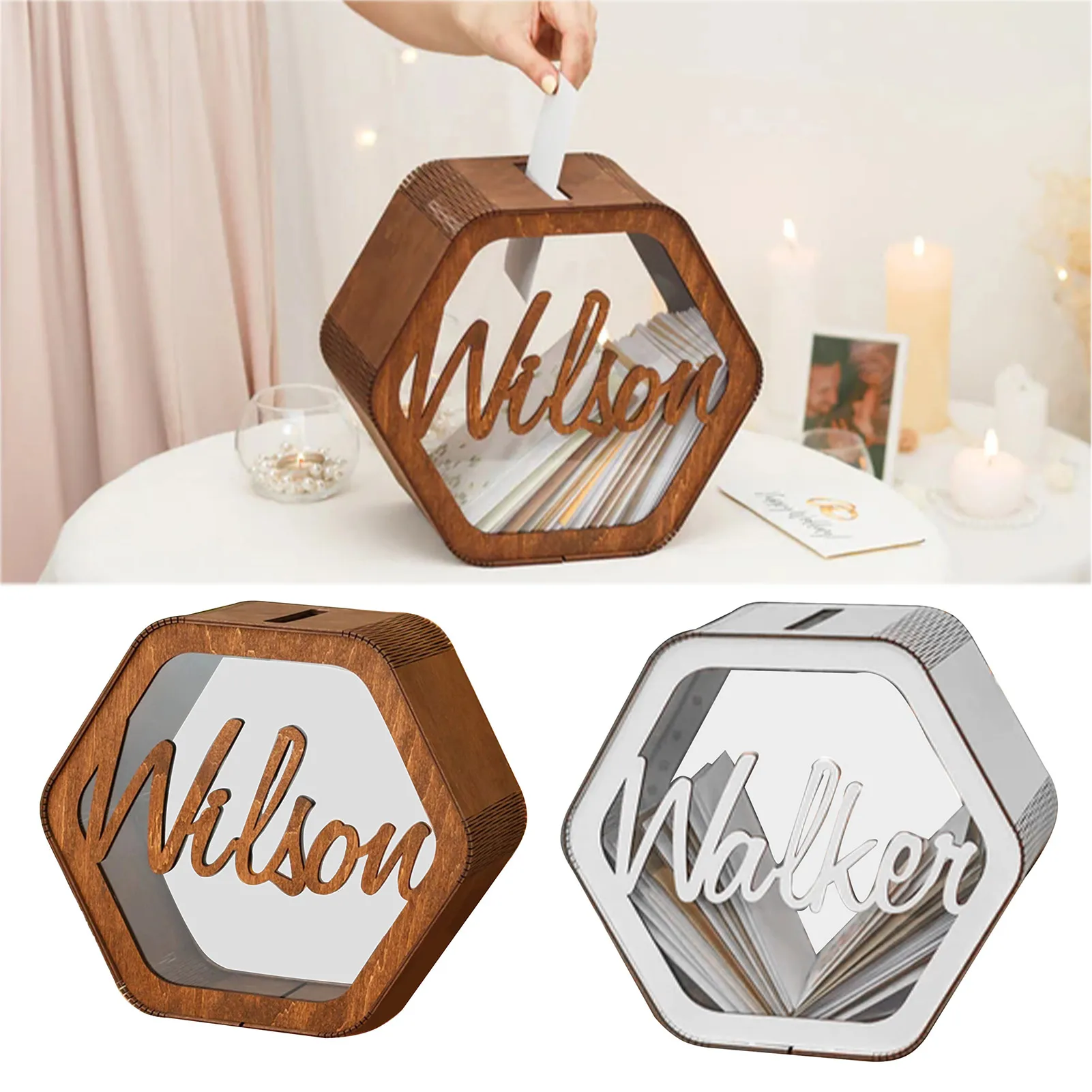 

Wooden Wedding Card Boxes Storage Case Wedding Supplies DIY Couple Deer Bird Flower Pattern Grid Business Card Wooden Box