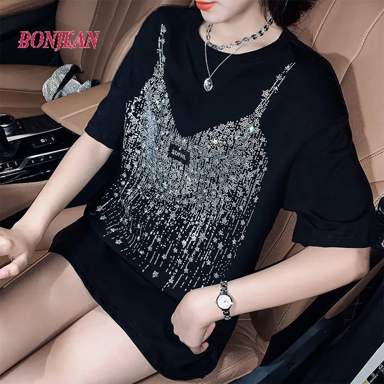 

2022 Harajuku Fake Two Pieces Loose Beaded T-shirt Women Short-sleeved Mid-length Korean Top Y2K