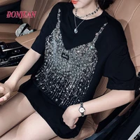 2022 harajuku plus size fake two pieces loose beaded t shirt women short sleeved mid length korean top y2k