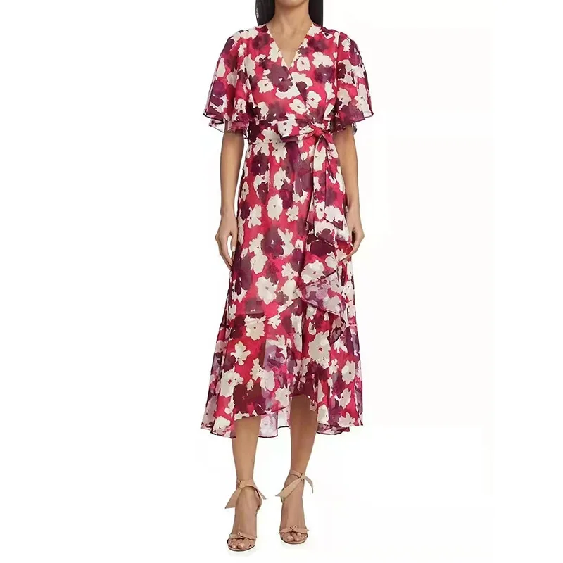 

2022 Retro Printing, Long Skirt 2022 Spring, Summer New Wrapped, V-neck Splicing, Chiffon, Seating Dress