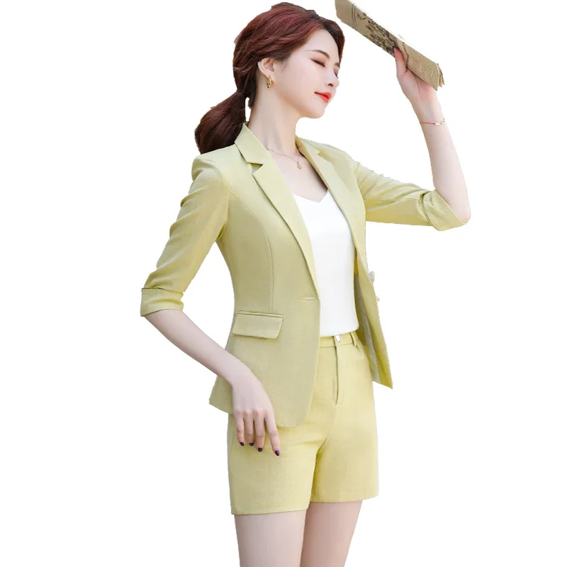 

High End Yellow Suits Women Design Summer 2022 New Fashion Half Sleeve Casual Blazer And Shorts Office Ladies Formal Work Wear